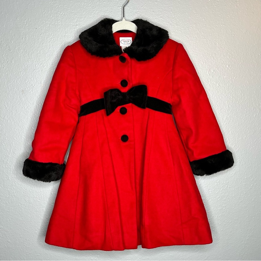Talbots Kids Wool Blend Red and Black Coat/Jacket with Faux Fur Size 2